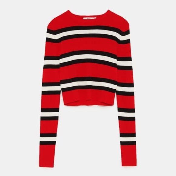New Zara Red & Black Striped Knit Long Sleeve - Picture 2 of 12